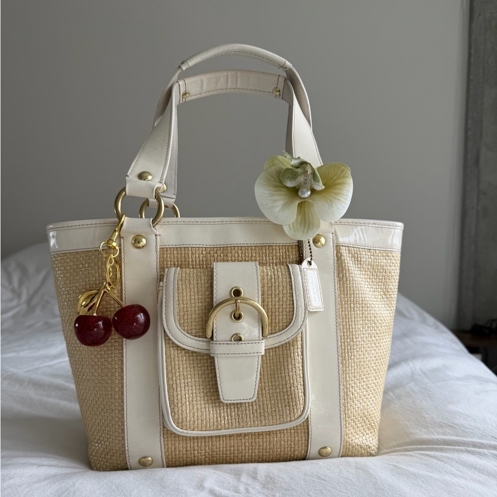 Coach Woven Straw Tote with White Trim - Neutral Summer Handbag